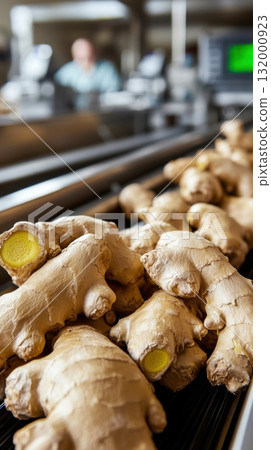 Organic ginger on conveyor in food industry packaging facility 132000923