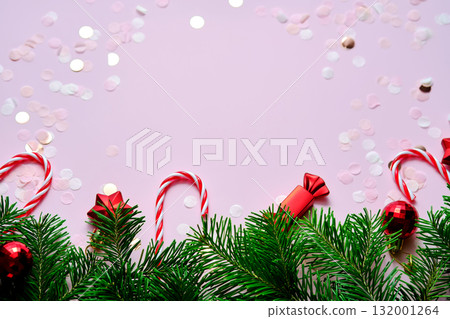 New Year or Christmas pink background in Christmas decoration. New Year or Christmas pink background in Christmas decoration. 132001264