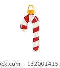 Candy Cane Vector Flat Icon Design. Christmas candy cane. Christmas stick. Traditional xmas candy with red, white stripes. Santa caramel cane with striped pattern. 132001415