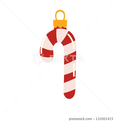 Candy Cane Vector Flat Icon Design. Christmas candy cane. Christmas stick. Traditional xmas candy with red, white stripes. Santa caramel cane with striped pattern. 132001415
