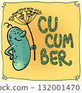 Cucumber with the inscription cucumber. Snacks for a bar and restaurant. Logo with a cucumber mascot. 132001470