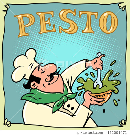 Chef making pesto. Logo of an Italian chef, preparing a traditional dish. Sauce for pizza and pasta. Chef making pesto. Logo of an Italian chef, preparing a traditional dish. Sauce for pizza and pasta. 132001471