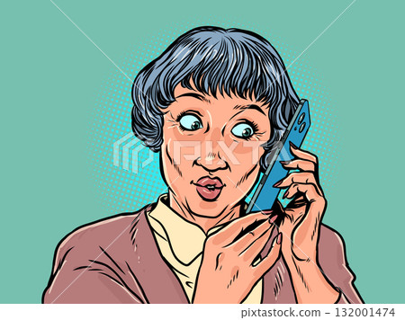 A woman listens to the phone in great surprise. Interaction with the company's client base. Communication with the client for business. A woman listens to the phone in great surprise. Interaction with the company's client base. Communication with the client for business. 132001474