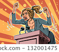 A woman is very furiously communicating from the podium. Funny politics and communication with citizens. Emotional people are screaming and waving their hands. 132001475