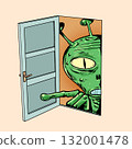 An alien is looking through an open door. Security and virus issues. Being unprepared for dangers. 132001478