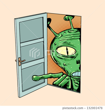 An alien is looking through an open door. Security and virus issues. Being unprepared for dangers. 132001478