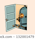 A robot looks through an open door. AI invasion of personal data. Conflict between artificial intelligence and humanity. 132001479
