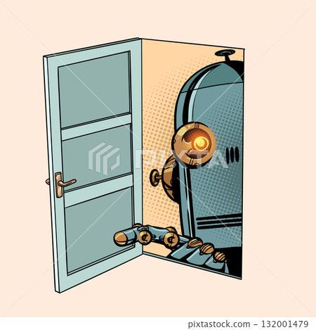 A robot looks through an open door. AI invasion of personal data. Conflict between artificial intelligence and humanity. A robot looks through an open door. AI invasion of personal data. Conflict between artificial intelligence and humanity. 132001479