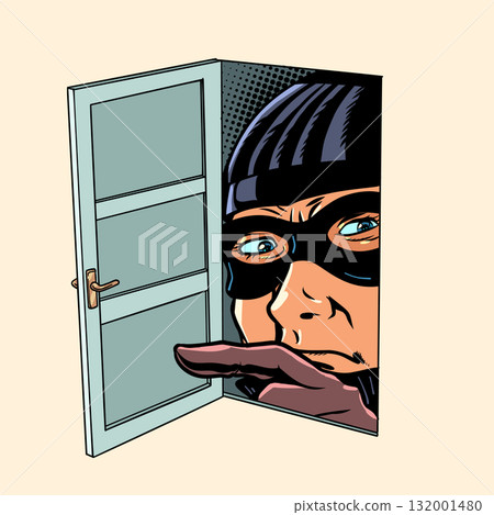 A criminal is looking through an open door. Theft of personal data by fraudsters. The danger of accessing unverified sites. A criminal is looking through an open door. Theft of personal data by fraudsters. The danger of accessing unverified sites. 132001480