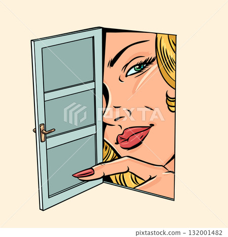 A woman looks through an open door. Announcing a new offer for buyers. Surveillance of personal data on the Internet. 132001482