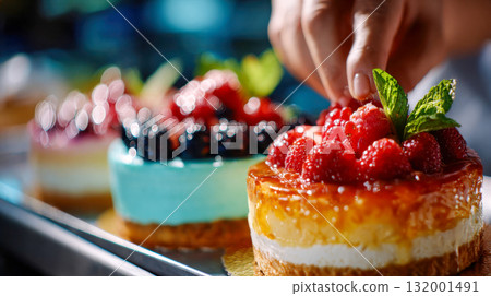 Assortment of colorful tiered cakes decorated with fruits and mint leaves Assortment of colorful tiered cakes decorated with fruits and mint leaves 132001491