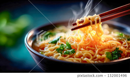 Steaming bowl of ramen noodles lifted with chopsticks under warm lighting 132001496