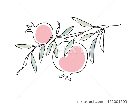 Branch with pomegranates and leaves. Shana Tova. Modern single line art drawing. Continuous line drawing. Vector color illustration. 132001503
