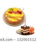 Festive Celebration Cakes: Fruit Cake and Chocolate Slice with Candle 132001512