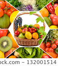 Fresh Fruit and Vegetable Assortment Collage with Central Wicker Basket 132001514