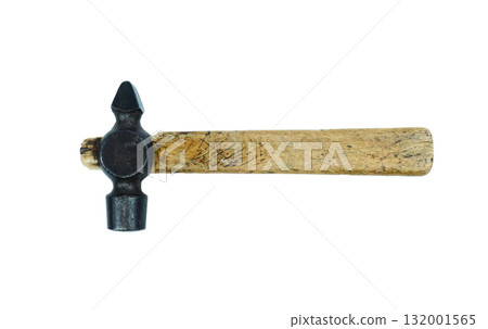 old hammer with a wooden handle lies flat on a white background old hammer with a wooden handle lies flat on a white background 132001565