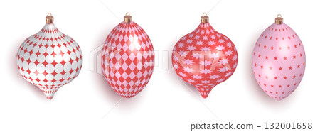 Pink and red vintage coquette Christmas 3d baubles collection. New Year tree and winter holiday decorative elements set isolated on white background. Vector retro design. Pink and red vintage coquette Christmas 3d baubles collection. New Year tree and winter holiday decorative elements set isolated on white background. Vector retro design. 132001658