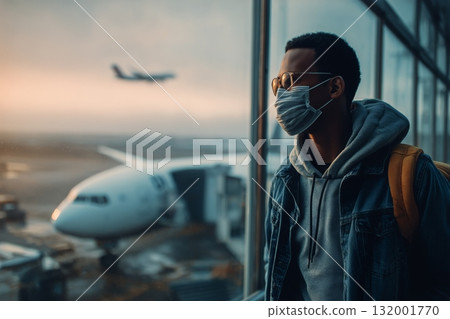 Man in Mask Stands Near Airport Window Looking at Airplane During Daytime Travel Man in Mask Stands Near Airport Window Looking at Airplane During Daytime Travel 132001770