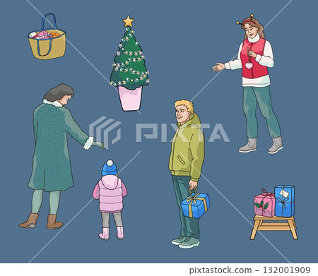 standing isolated peoples shopping at Christmas market , man, woman, kid, vendor , shopping bag, Christmas tree, gifts boxes standing isolated peoples shopping at Christmas market , man, woman, kid, vendor , shopping bag, Christmas tree, gifts boxes 132001909