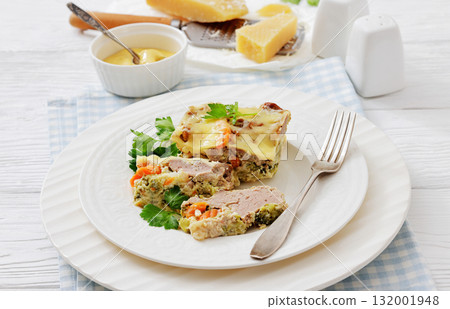Cheesy ground meat vegetables casserole on a plate Cheesy ground meat vegetables casserole on a plate 132001948