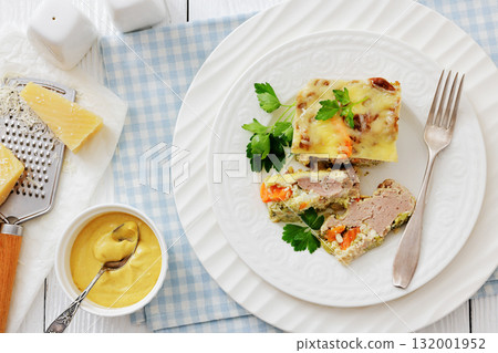 Cheesy ground meat vegetables casserole on a plate Cheesy ground meat vegetables casserole on a plate 132001952