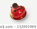 Heart-shaped red cake symbolizing love and affection with golden key decoration 132001969