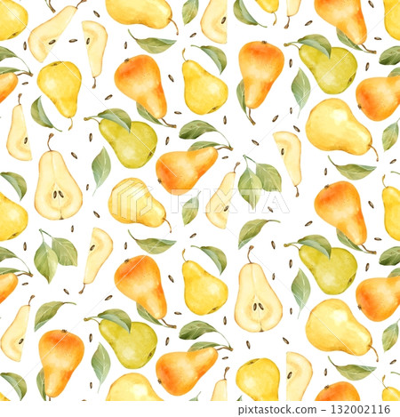 Hand-drawn illustration of a seamless pattern with pears and scattered green leaves. This elegant, dense arrangement is perfect for food packaging and kitchen decor Hand-drawn illustration of a seamless pattern with pears and scattered green leaves. This elegant, dense arrangement is perfect for food packaging and kitchen decor 132002116