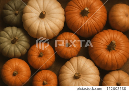 Colorful Assortment of Pumpkins Displayed for Autumn Harvest Celebration in Cozy Setting 132002388