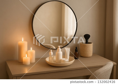 Softly Lit Bathroom Vanity With Candles and Skincare Products at Dusk 132002416