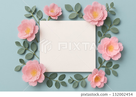 Beautiful Pink Ranunculus Flowers Surround a Blank Square on a Light Blue Background Beautiful Pink Ranunculus Flowers Surround a Blank Square on a Light Blue Background 132002454