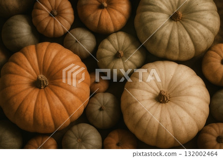 Colorful Assortment of Pumpkins Displayed for Autumn Harvest Celebration in Cozy Setting 132002464