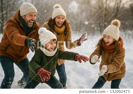 Family Enjoys Snowball Fight in Winter Wonderland on a Snowy Day Family Enjoys Snowball Fight in Winter Wonderland on a Snowy Day 132002473