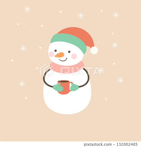 Smiling snowman with cup of hot drink in winter clothes. 132002485