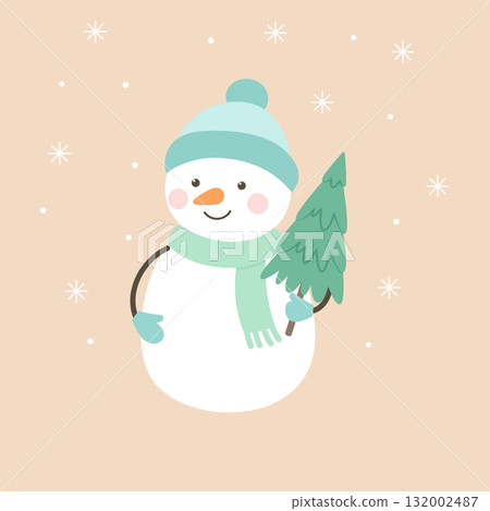 Smiling snowman carrying small decorated Christmas tree. 132002487
