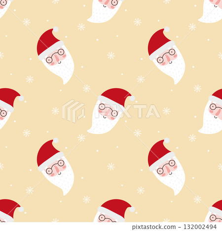 Cute seamless Christmas pattern with Santa Claus heads, red hats, snowflakes and white dots on beige background. 132002494