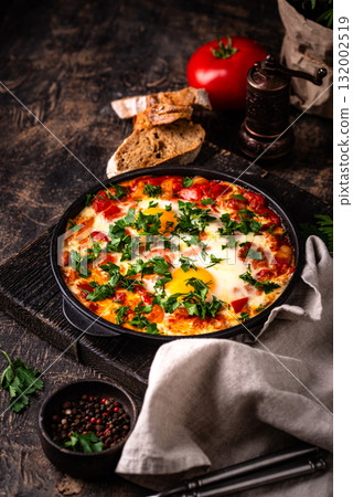 Shakshuka, traditional Jewish breakfast dish 132002519