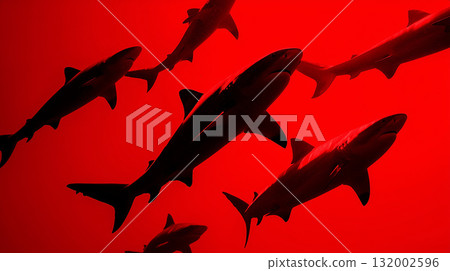 Dark sharks swimming in a vibrant red ocean, creating a dangerous and predatory atmosphere, symbolizing fear and power Dark sharks swimming in a vibrant red ocean, creating a dangerous and predatory atmosphere, symbolizing fear and power 132002596