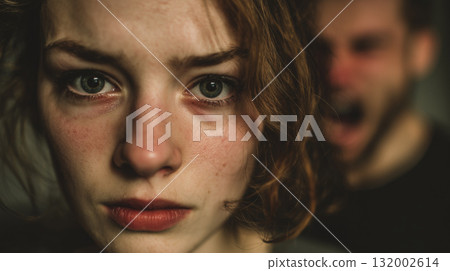 Young woman enduring domestic violence, her eyes filled with pain, man screaming in blurry background 132002614