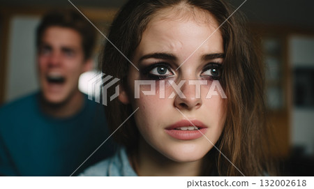 Young woman feeling fear, crying with smeared eye makeup, man yelling behind her, representing domestic violence 132002618