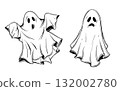 Halloween vintage ghost sketch. Hand drawn ink vector illustration. Linear graphic elements happy halloween. Ghost set. Doodle style isolated on white background. 132002780