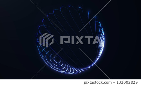 Abstract glowing blue sphere created from elegant light strings and fibers. Futuristic digital structure with flowing lines on dark background. Modern energy design. Abstract glowing blue sphere created from elegant light strings and fibers. Futuristic digital structure with flowing lines on dark background. Modern energy design. 132002829