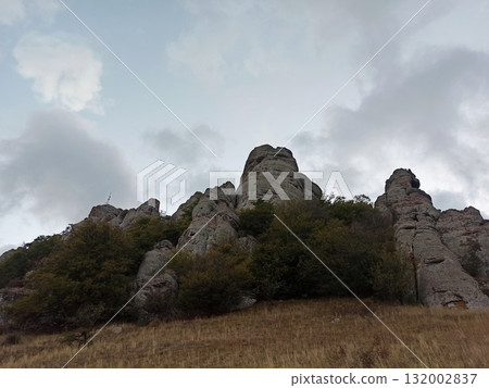 "Valley of ghosts" - mountain plateau on Demerjy mountain. sunset view at top point, 1239m. Crimea, Russia 132002837