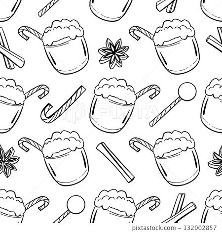 Eggnog Christmas and winter drinks seamless pattern. Doodle hand drawn food illustration for restaurant and cafe menu Eggnog Christmas and winter drinks seamless pattern. Doodle hand drawn food illustration for restaurant and cafe menu 132002857