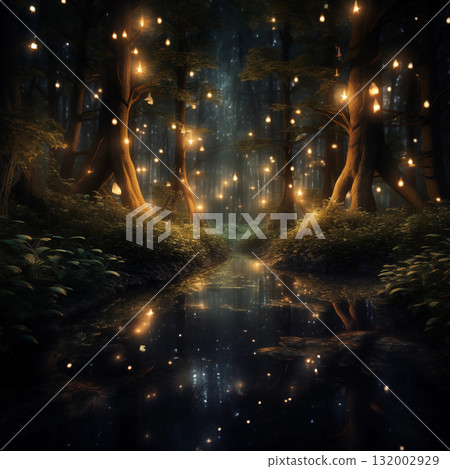 Magical forest with glowing fireflies and a tranquil river. woods with mystical light 132002929
