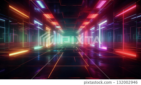 Bright blue and orange lines form an abstract tunnel leading to a glowing center point 132002946