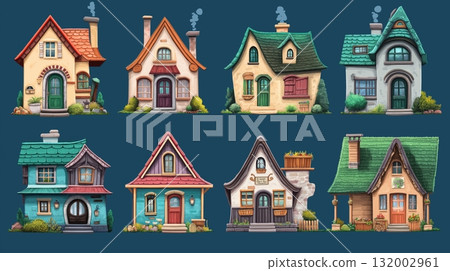 Charming collection of whimsical houses with unique designs set against a vivid blue background Charming collection of whimsical houses with unique designs set against a vivid blue background 132002961