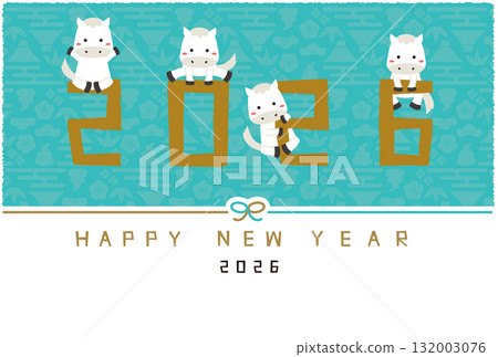 2026 New Year's card, Happy New Year, Mizuhiki, Horizontal, Gold 2026 and White Horse, Mint Blue Background 2026 New Year's card, Happy New Year, Mizuhiki, Horizontal, Gold 2026 and White Horse, Mint Blue Background 132003076