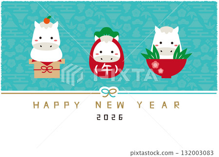 2026年新年賀卡新年快樂水引三件吉祥物品薄荷藍色背景 2026年新年賀卡新年快樂水引三件吉祥物品薄荷藍色背景 132003083