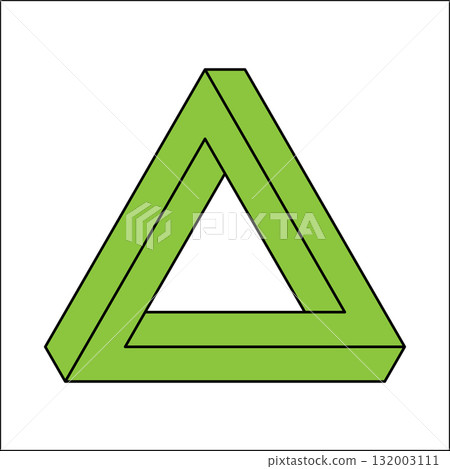 This design showcases a Penrose triangle, an optical illusion that appears as an impossible object. The vibrant green triangle creates a striking visual effect with its three-dimensional look. 132003111