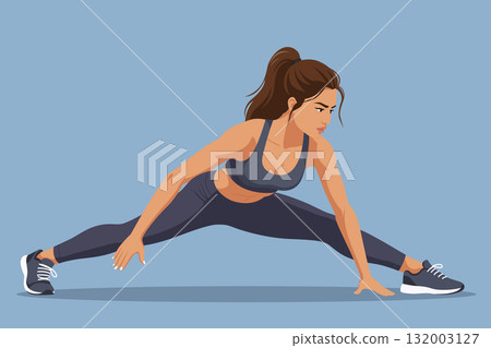 Woman stretching wide leg forward bend exercise illustration Woman stretching wide leg forward bend exercise illustration 132003127